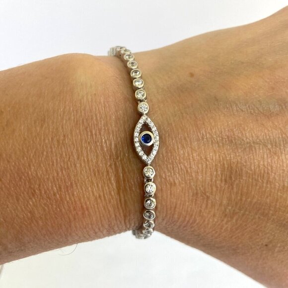 Sterling Silver 925 Blue Topaz & CZ Evil Eye Adjustable Bolo Tennis Bracelet - Picture 1 of 16